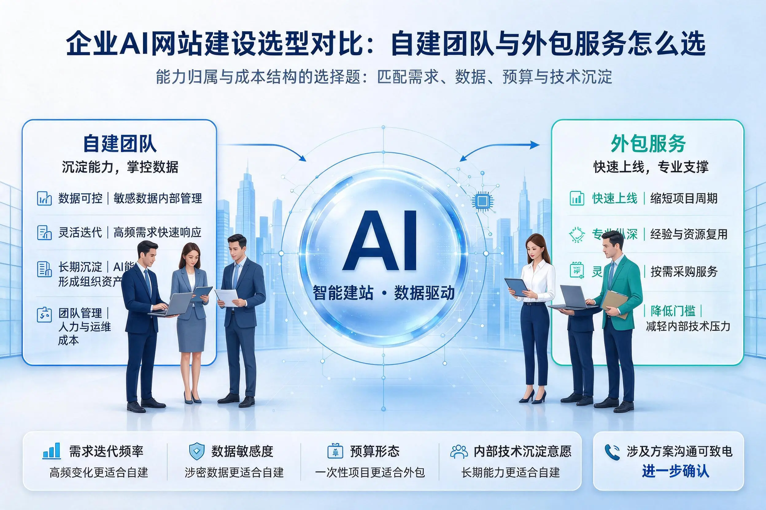 通辽企业AI网站建设选型对比:自建团队与外包服务怎么选